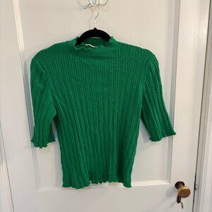 Boden forest green ribbed pointelle high neck top, Size M, EUC